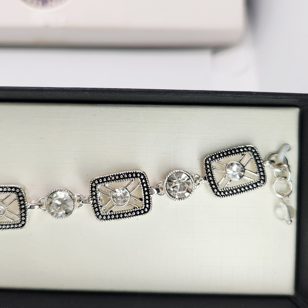 Vtg Napier Link Bracelet Silver Tone Faux Diamonds Signed Art Deco Panel NIB - Picture 5 of 6